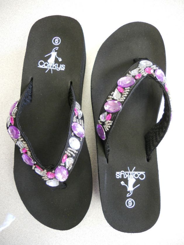 NIB Corkys Island Flip Flops Pink,Purple & Clear Jewels  