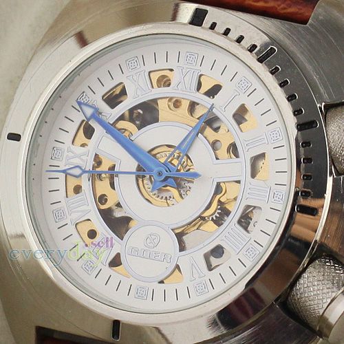 Brown Leather Fashion New Mens Auto Skeleton Wristwatch Silver Square 