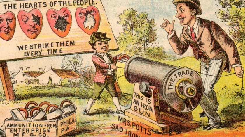 Mrs. Potts Sad Iron Gun Canon Target =1800s Trade Card  
