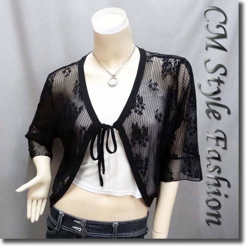 Front Tie Floral Lace Shrug Bolero Short Cardigan Black L  