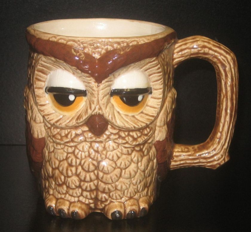   BROWN POTTERY CUP/MUG W SAME OWL ON 2 SIDES UNUSUAL DESIGN CUTE  