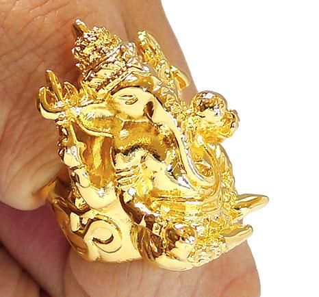 GANESH HINDU LORD ELEPHANT GOD GOLD AMULET RING Sz 14  