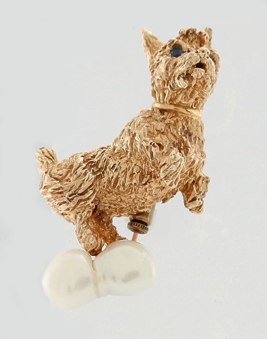 Vintage William Ruser Solid 14k Gold Sapphire Pearl Dog Animal Pin 