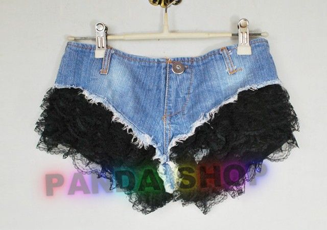 SL376 Blue Black Ladylike Classic Button Ladies Denim Short Lace 