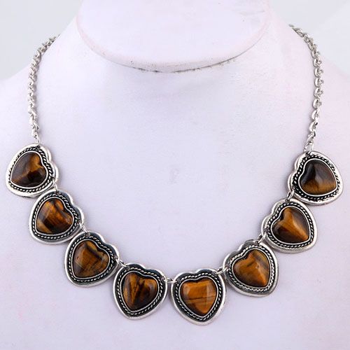 Women Fashion Tibet Silver Tiger Eye Inlay Heart Chain Dangle Jewelry 