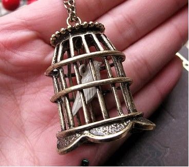 Vintage Style Bird Birdcage Pendant Necklace  