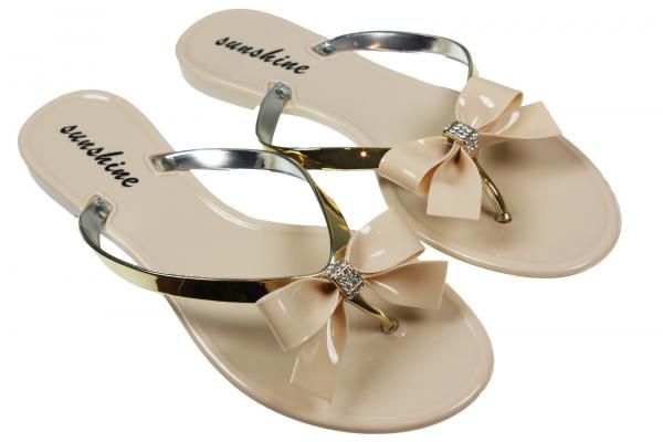 NEW WOMENS/LADIES SUMMER FLAT RUBBER JELLY DIAMANTE BOW FLIP FLOP 