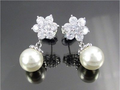 10MM WHITE PEARL 18K WGP BLING CRYSTAL FLOWER EARRINGS  