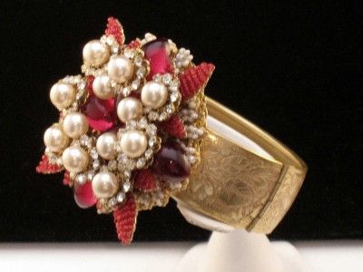   STANLEY HAGLER N.Y.C. Bracelet Red Pearl Rhinestone Glass FABULOUS