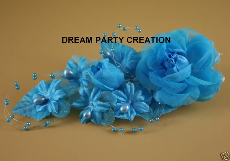 TURQUOISE SATIN Bridal SPRAY Flower w/ AZAR PEARLS  