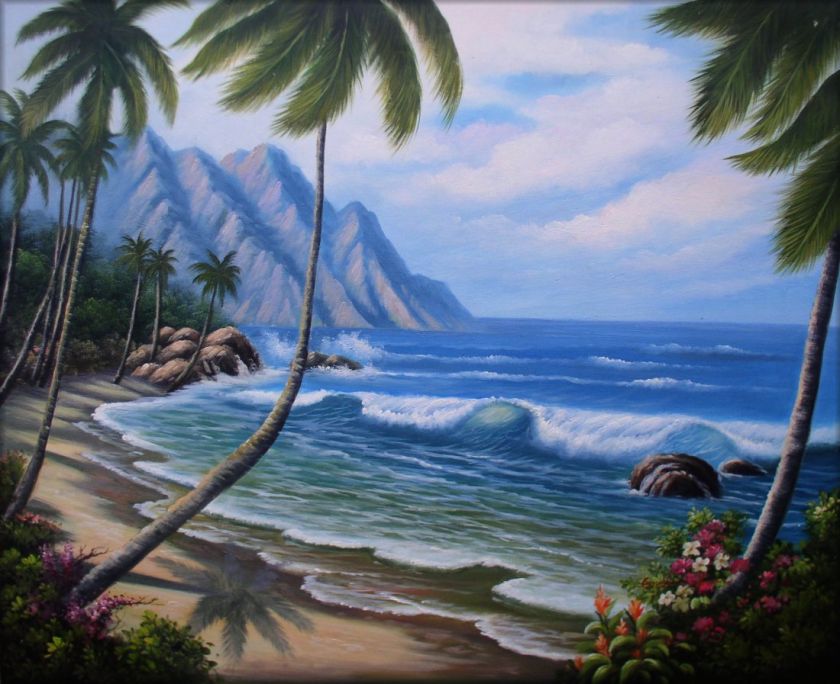 High Q. Hand Painted Oil Painting Pacific island Coast Scene 24x20 