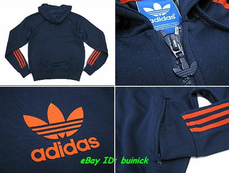 ADIDAS ADICOLOR HOODED FLOCK TRACK TOP Navy Orange trefoil hoodie UK 