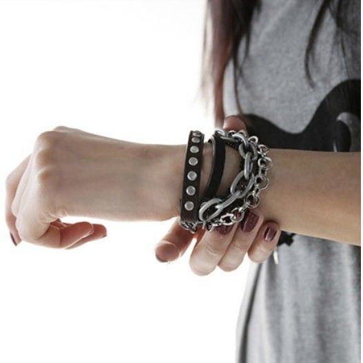 Hot Fashion Multi layer chain circle Alloy Studs Leather Punk Bangle 