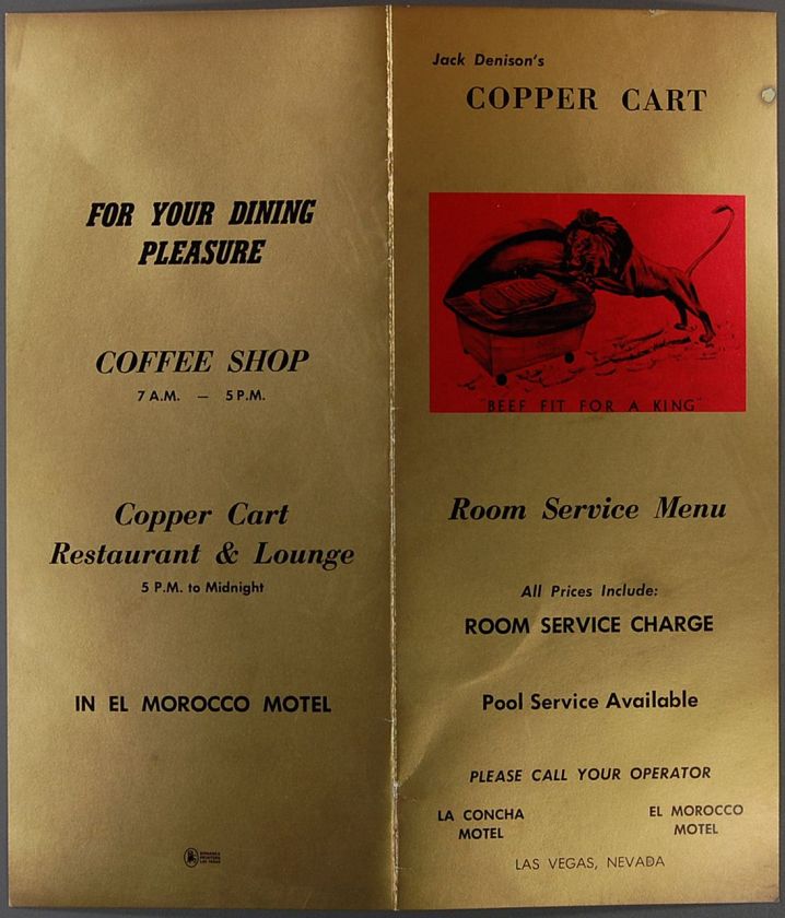   MENU COPPER CART Restaurant LAS VEGAS NV Jack Denison EL MOROCCO Motel