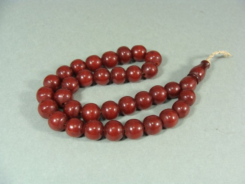 ANTIQUE OTTOMAN CHERRY RED AMBER FATURAN ROUND PRAYER BEADS WORRY 