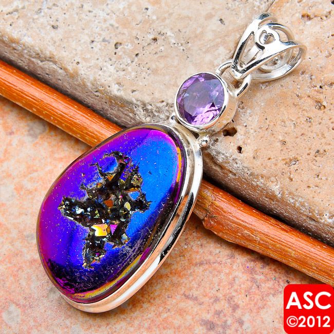 TITANIUM DRUZY, AMETHYST .925 SILVER PENDANT 1 3/4  