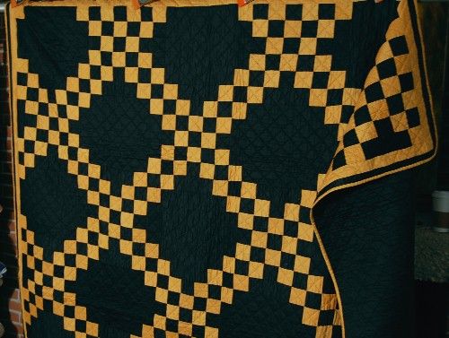 1930s Amish Black Background Irish Chain Antique Quilt  