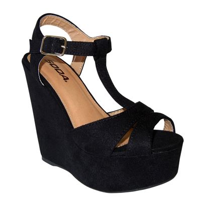 Trendy T strap Open Toe Suede Cork Platform Wedge Sandal Black All 