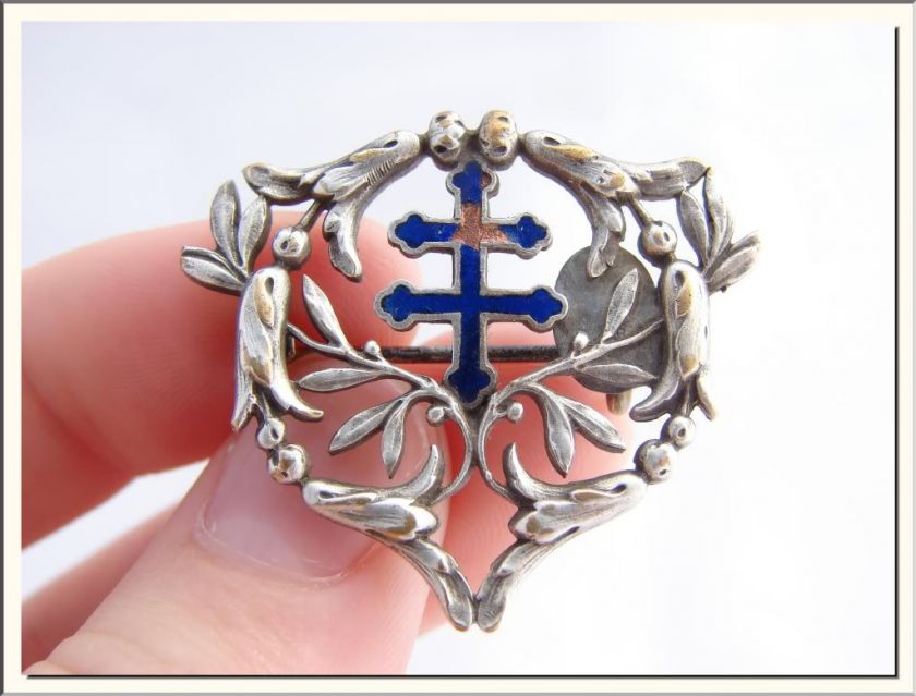 ART NOUVEAU 1910s JOAN OF ARC BLUE ENAMEL LORRAINE CROSS & LEAVES 