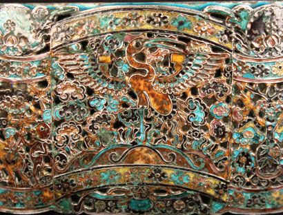 ANTIQUE CHINESE QING DYNASTY SILVER CLOISONNE ENAMELED PIERCED BELT 