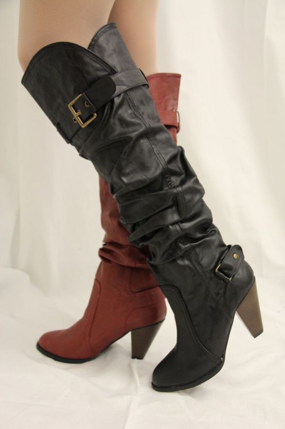 NIB Womens Faux Leather Over the Knee Tall Heel Boots Black Rust 