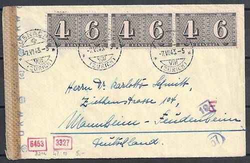 Switzerland 1943 strip of 3 on cens cover Kusnach  