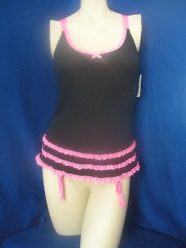 VS Betsey Johnson Black Hot Pink Gartered Slip L NWT  