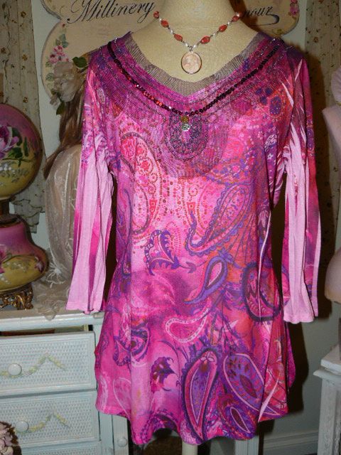 ONLY NINE Beaded PINK PAISLEY Lavish GRAPHIC TOP 2X  