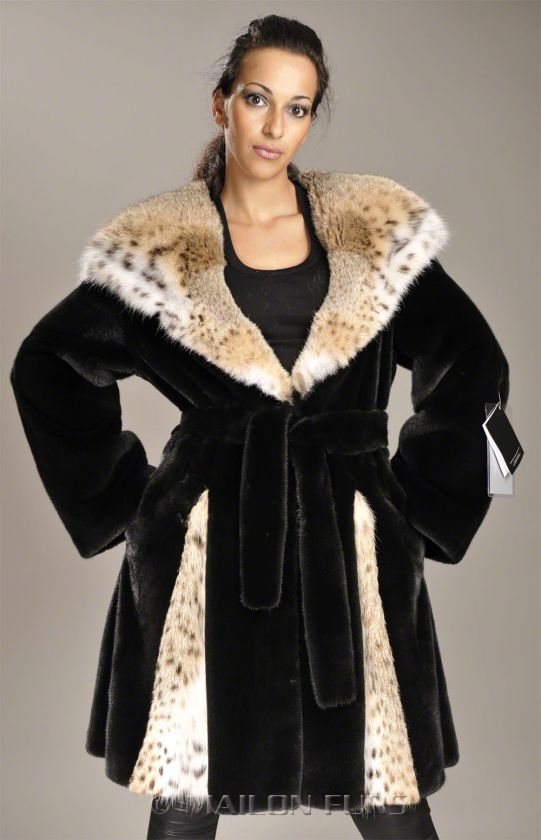 Hooded black original BLACKGLAMA Mink fur coat parka   Lynx hood 