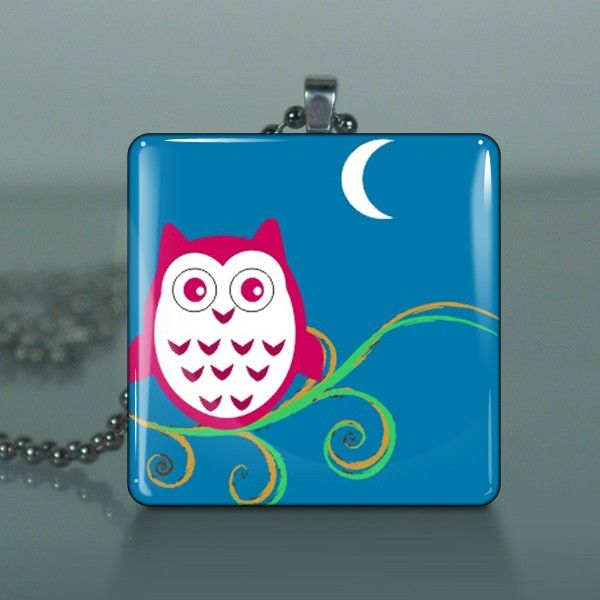 Blue Moon Owl Large Glass Tile Necklace Pendant B12  