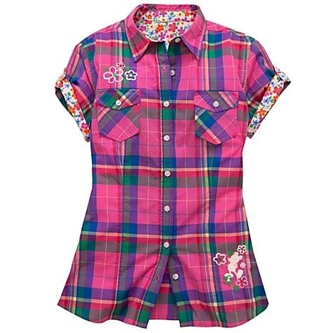 Disney Plaid & Floral Woven Cotton Mickey Mouse Womens Button Up Shirt 