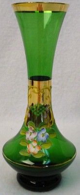 BOHEMIA crystal HIGH ENAMEL ART GLASS Green VASE  