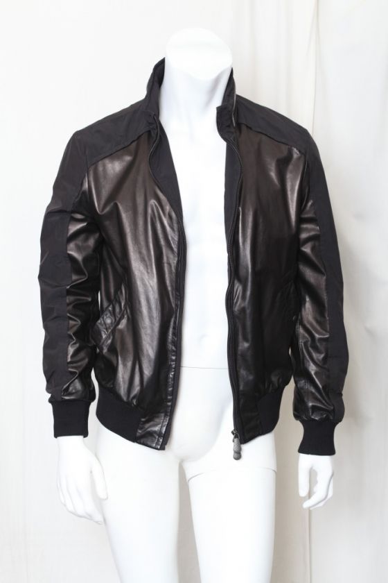 BOTTEGA VENETA Mens Black Leather & Nylon Bomber Jacket Coat Hoodie 50 