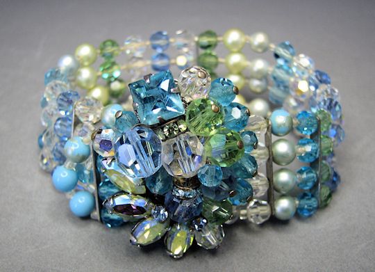 EUGENE 4 STRAND CRYSTAL BEAD BRACELET, FANCY CLASP  