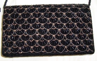 VTG BLACK VELVET INDIA BEADED METALLIC BULLION PURSE  