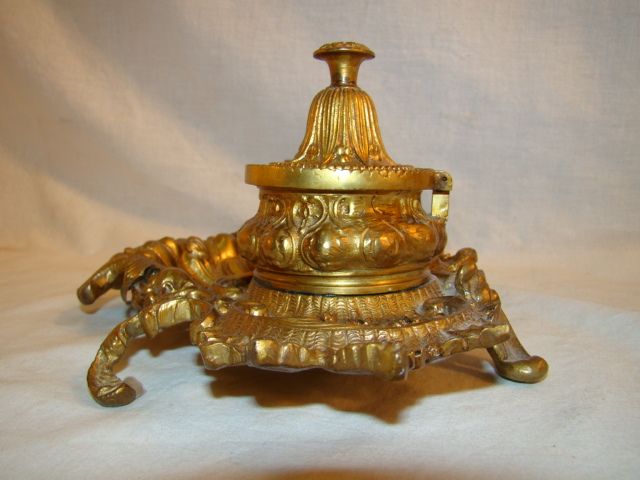   BRASS Antique LOUIS XV French ART NOUVEAU Double DESK Floral INKWELL