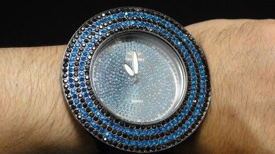 Mens Techno Pave XXL 5 Row Blue & Black Bezel Watch  