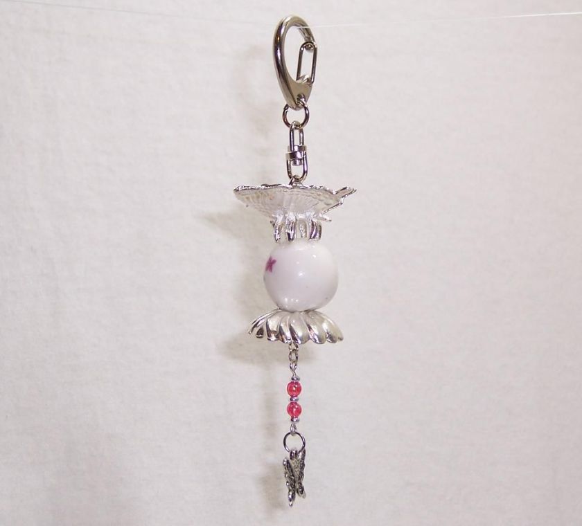 LARGE SILVER BUTTERFLY AND PORCELAIN FLOWER BEAD DANGLE CLIP ON CHARM 