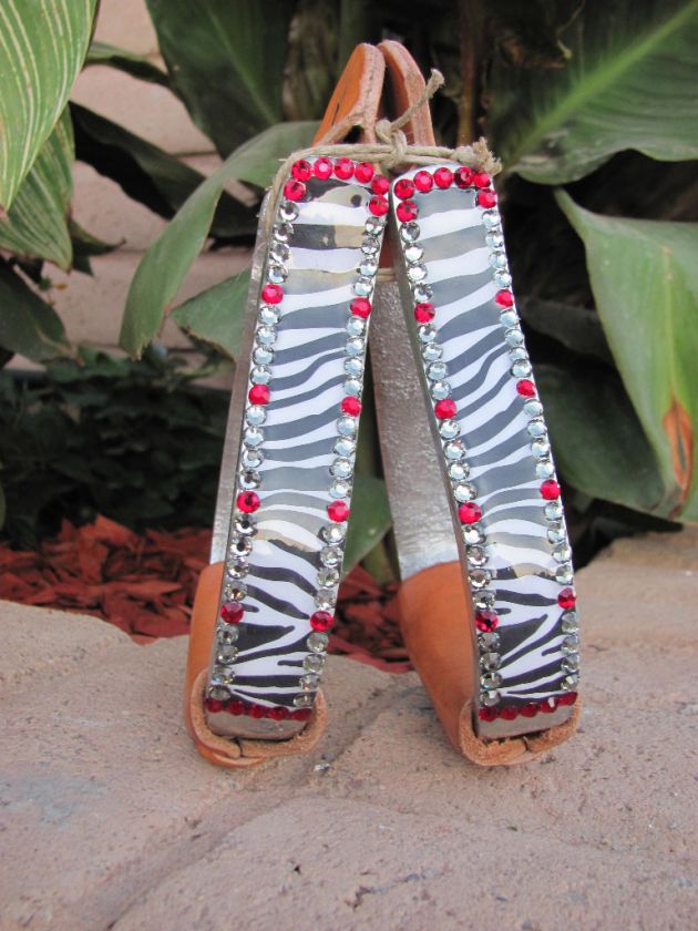 BLING kids metal barrel racing stirrups, zebra print, Swarovski 