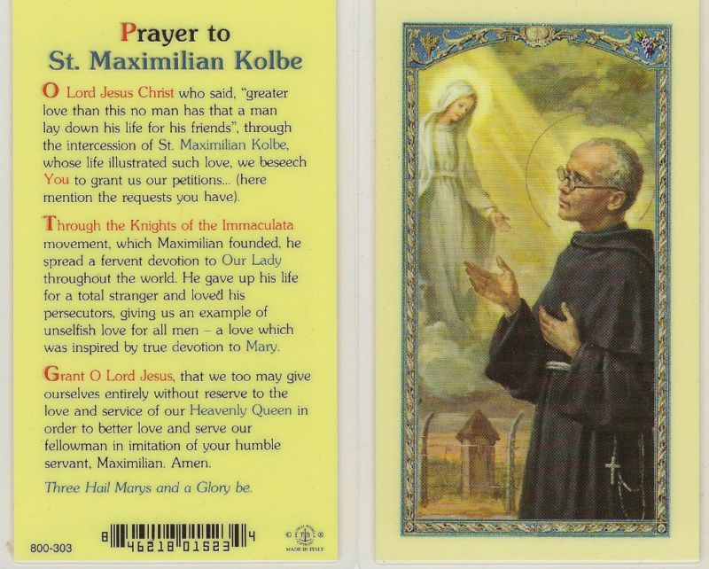 HOLY CARD PRAYER TO ST. MAXIMILIAN KOLBE  