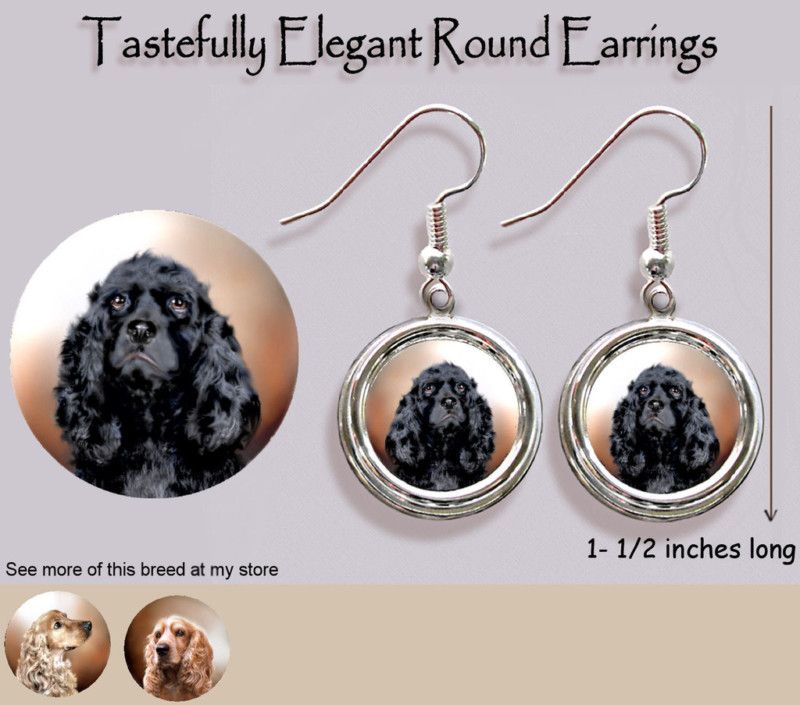 COCKER SPANIEL Black Round Silver EARRINGS  