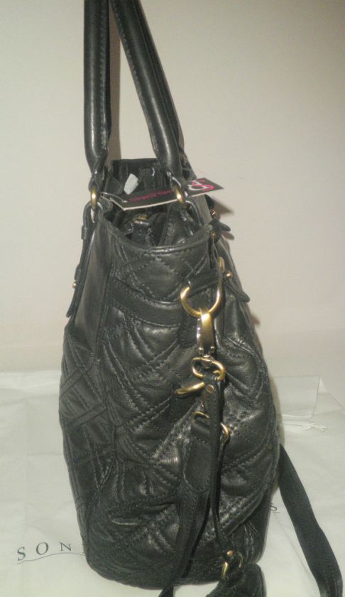 SONDRA ROBERTS NY HANDBAG BLACK QUILTED LEATHER LARGE TOTE W WRISTLET 