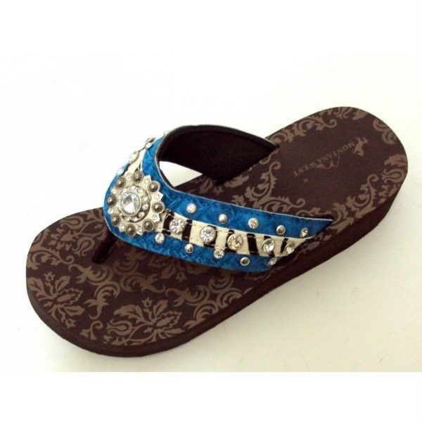 Turquoise Western Rhinestone Bling Flip Flops Sandals  