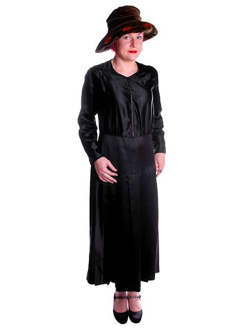 Vintage Black Silk Satin Day Dress 1920s Zip Front Small Large  