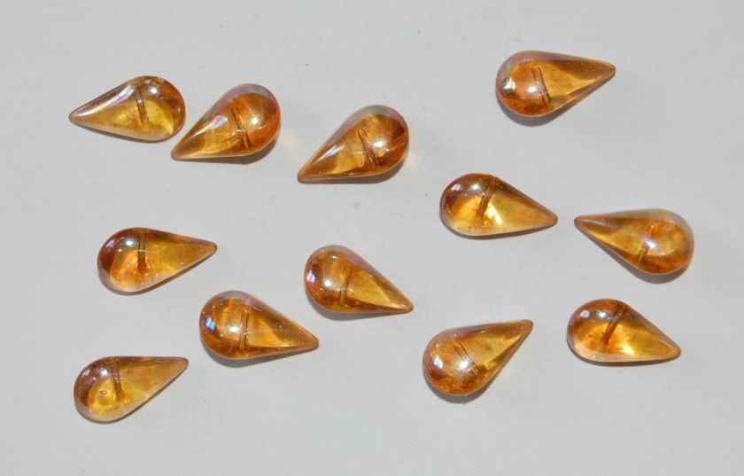 VINTAGE TOPAZ ab PEAR SHAPE GERMAN GLASS BUTTON 13x8mm  