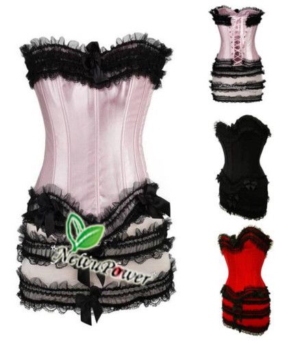 New Sexy Satin Lace up Corset Bustier Matching Mini Skirt /G String 