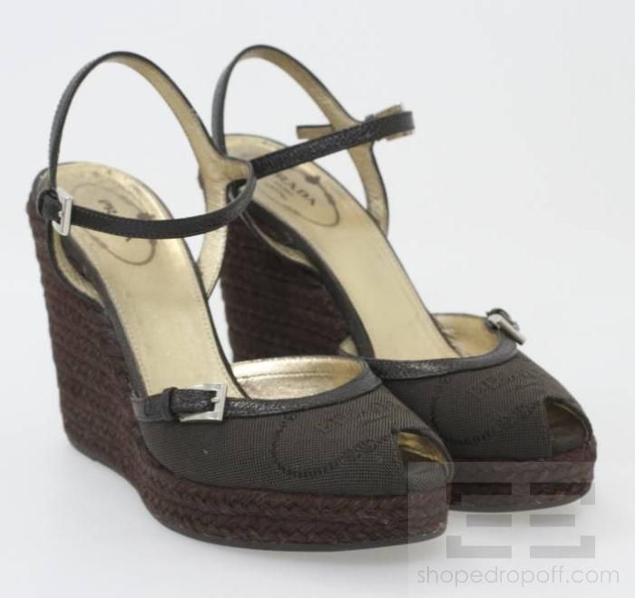 Prada Dark Brown Monogram Canvas & Black Leather Espadrille Sandals 