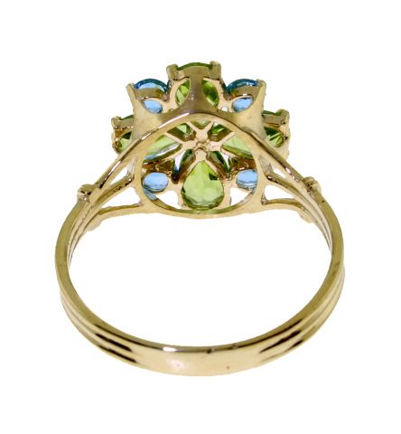 14K Gold Set of Natural Peridots & Blue Topaz Flowers Ring, Earrings 