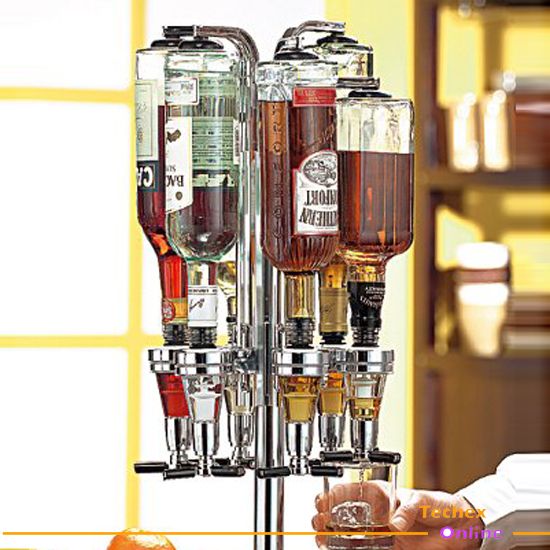 Professional 6 Bottle Revolving Liquor Dispenser with Easy Push and 