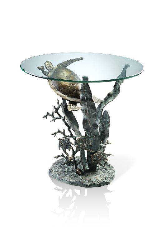 23 Aluminum Sea Turtle Tropical Fish Round Glass Top End Accent Table 